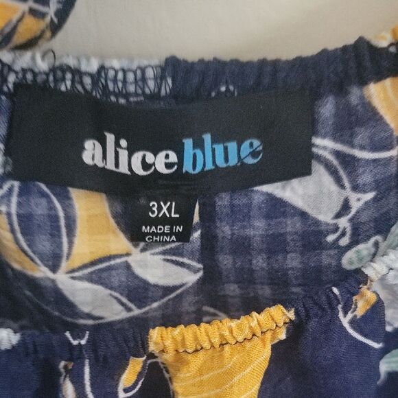 Navy Blue and Yellow Leaf Print Women's Top - Picture 3 of 3